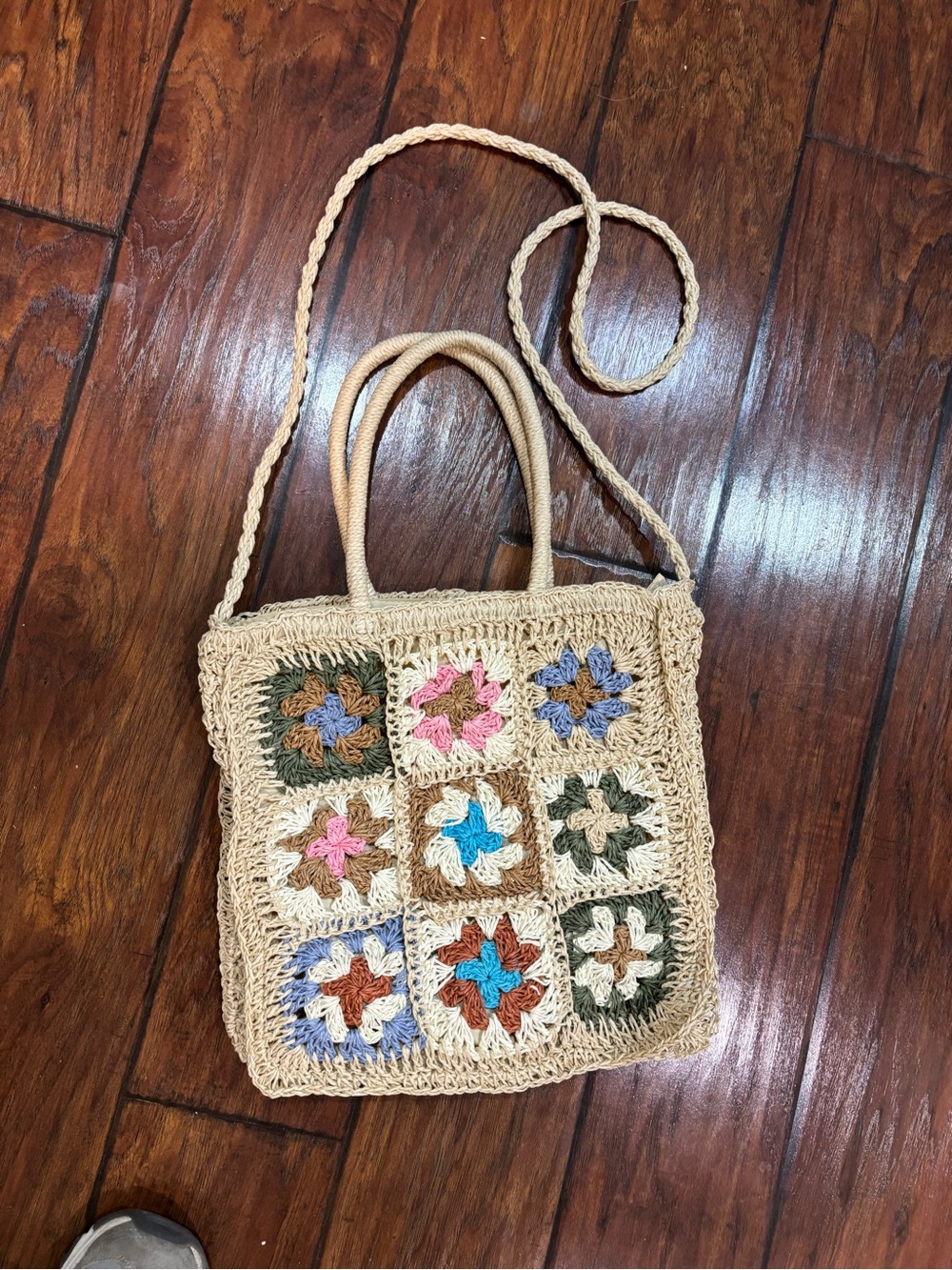 Handcrafted Crochet Square Tote Bag in Natural with Multicolor Accents